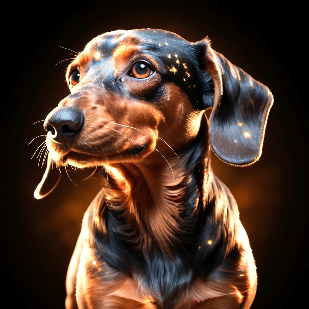 glowing photorealistic closeup side view final render of an epic daschund running forward, veins glowing in power, its back disintegrating into a magical dust, full body side view, deep colors, gorgeous eyes, glitter