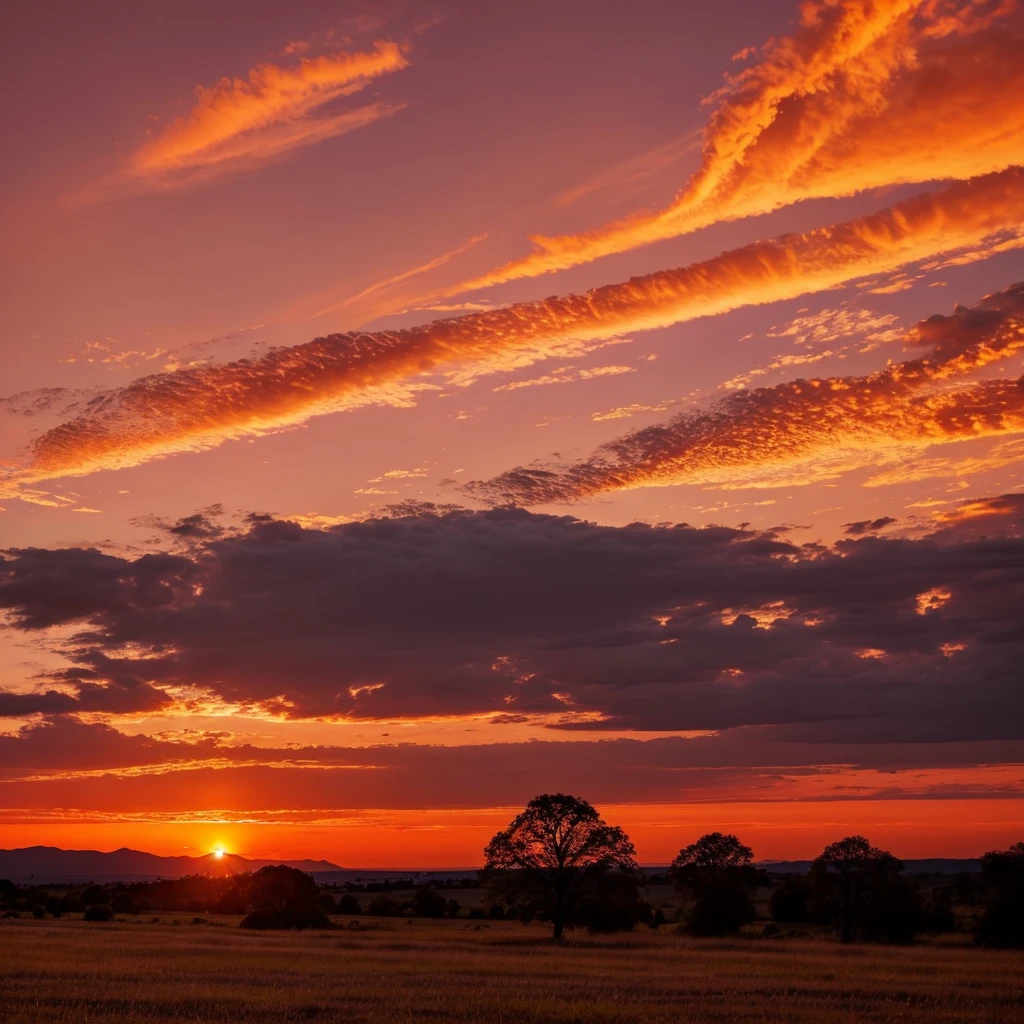 A magnificent sunset scene unfolds before our eyes, with the sky covered in vividly colorful clouds. Fiery red and orange clouds spread across the sky like burning flames. The sun is slowly sinking into the horizon, its golden glow bathing the land, painting the distant trees and ground with a warm hue. This scene, like a masterpiece of nature, showcases unparalleled beauty and grandeur.