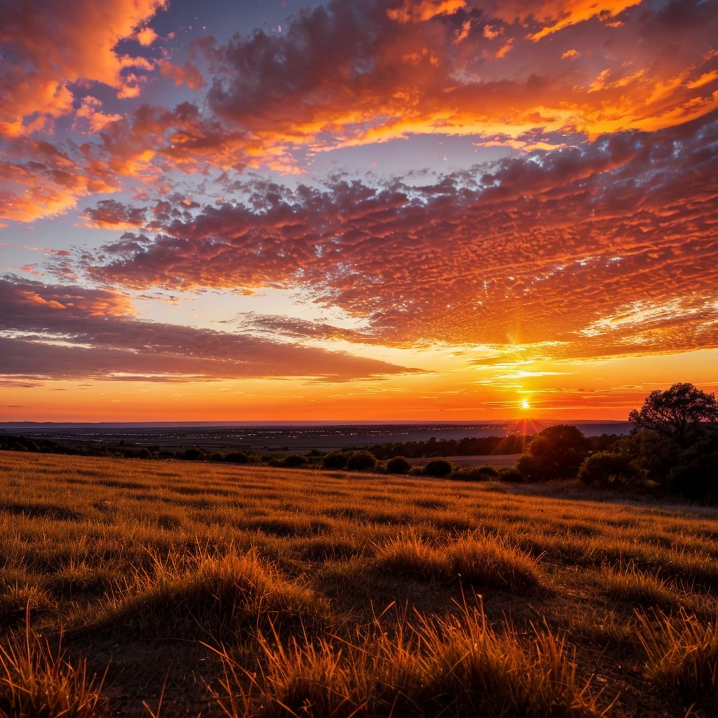 A magnificent sunset scene unfolds before our eyes, with the sky covered in vividly colorful clouds. Fiery red and orange clouds spread across the sky like burning flames. The sun is slowly sinking into the horizon, its golden glow bathing the land, painting the distant trees and ground with a warm hue. This scene, like a masterpiece of nature, showcases unparalleled beauty and grandeur.