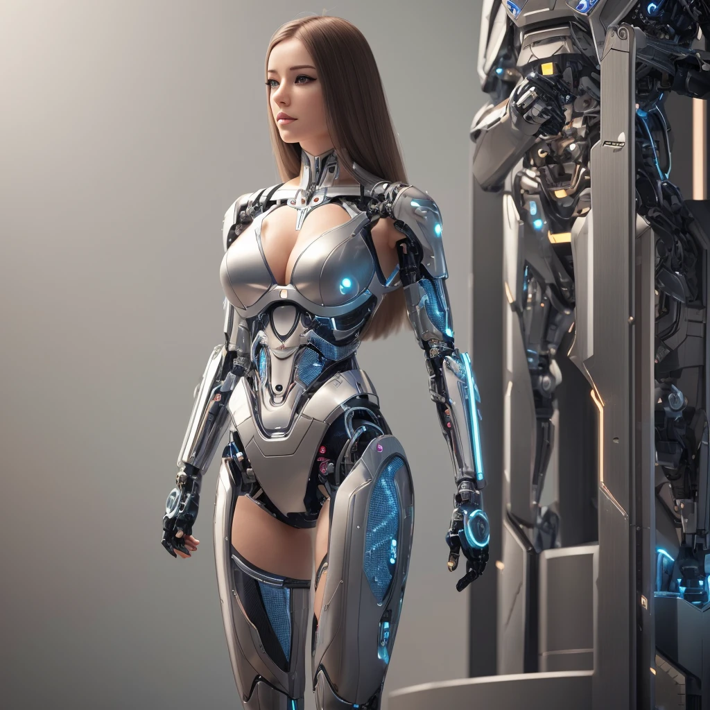 , cyborg Girl, full body picture,thin micro bikini, robot implant arms, robot implant legs, circuit implants in belly,,beautyful face, beautyful body, perfect anatomy, long  haired,sharp picture, high quality, ultrarealistic, 3D, bigital illustration, CGI,