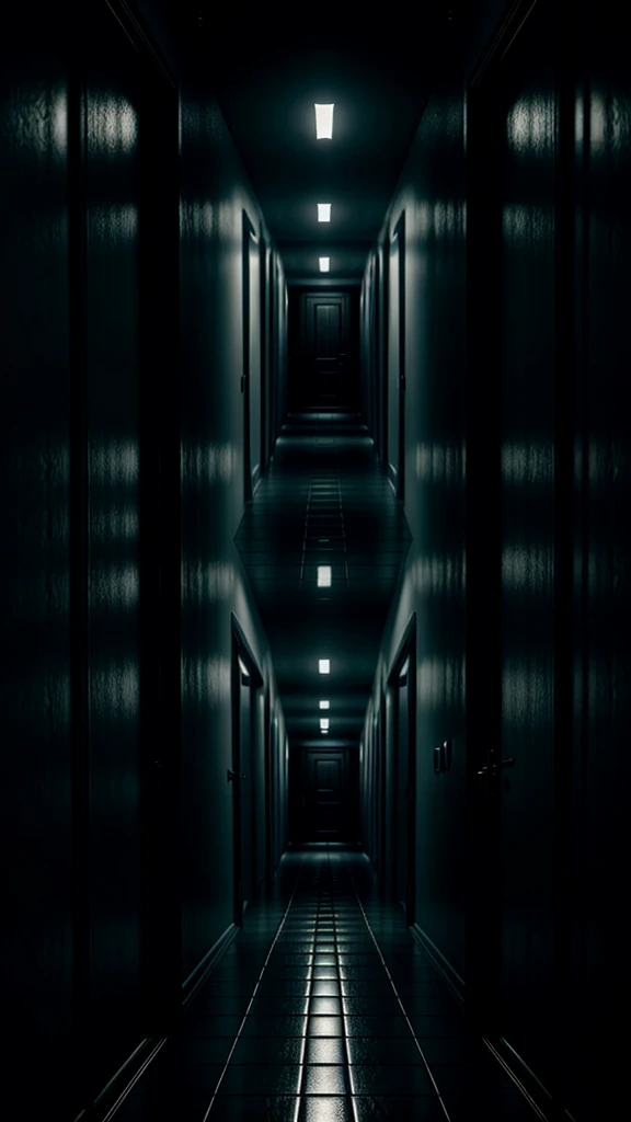 A dark hallway, straight line, very dark, almost pitch black, 3d render, Unreal Engine 5, detailed, 4K