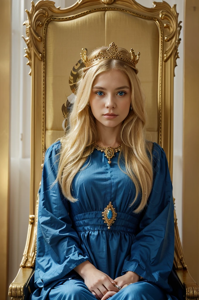 1 woman, long blond hair, blue eyes, jewelry, crown, long dress, victorian era style, it on throne, golden colors