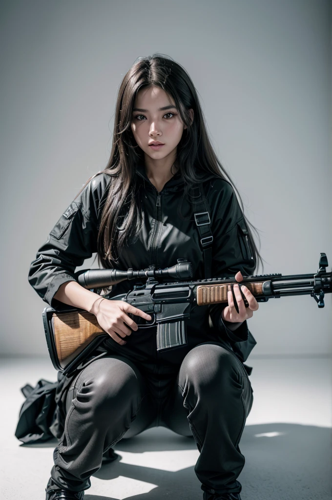 a complete vagabond (full body) holding a Benelli M4 shotgun, against a completely white background, beautiful detailed eyes, beautiful detailed lips, extremely detailed eyes and face, long eyelashes, photorealistic, 8k, hyperrealistic, cinematic lighting, dramatic colors, intense contrast