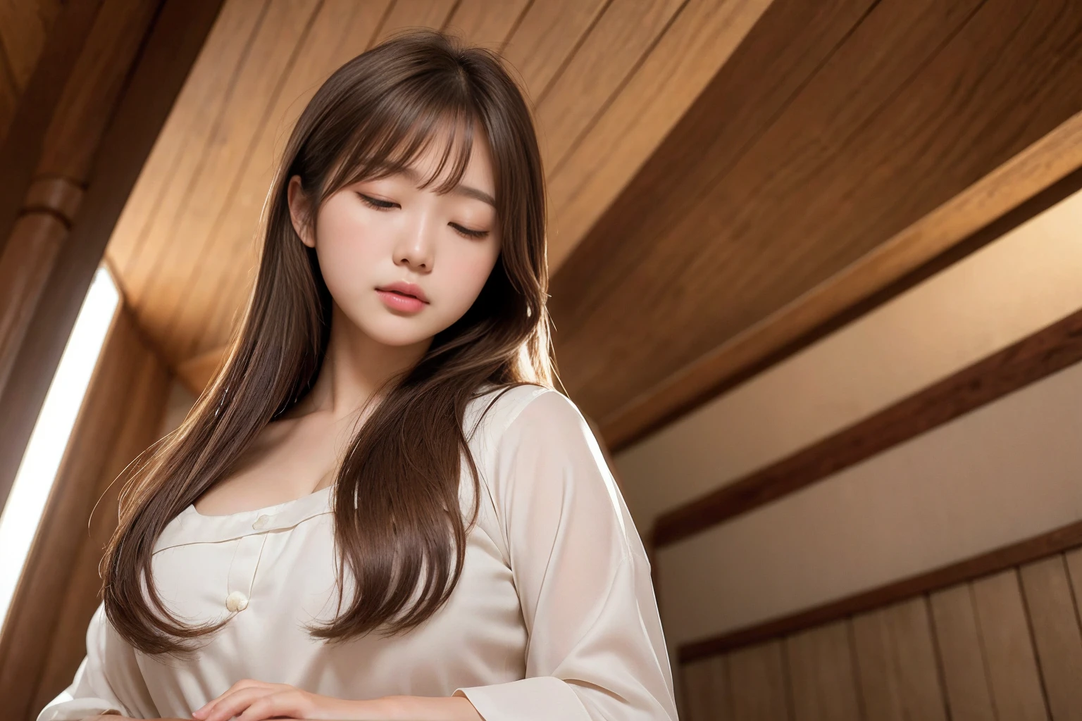 Top quality, high resolution, masterpiece, realistic, real photo. Cute Japanese beauty, brown hair, fine silky hair, soft lips, eyes closed, meditating, sincerely grateful, making a heart on her chest, her upper body portrait photo, sacred, beautiful and calming place, dramatic lighting, angle from below, background is blurred.