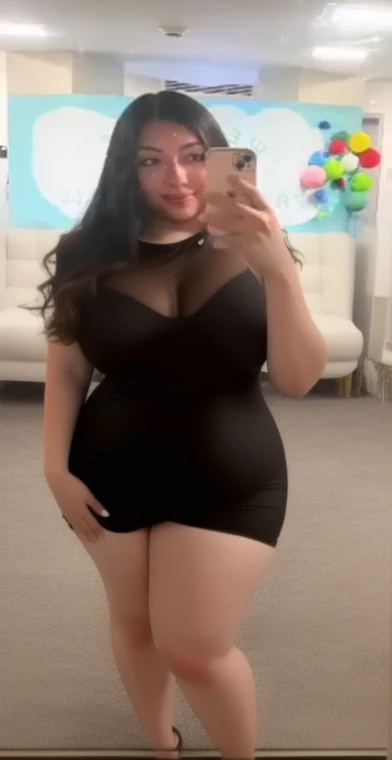 araffe woman in a short black dress taking a selfie, she has a jiggly fat round belly, thicc, her belly is fat and round, middle body shot, thick body, she is facing the camera, thick thighs, exposed thighs!!!, round thighs, thick, low quality video, showing her face, revealing clothes, Big tits, huge , no clothes, sexy, cute, wide hips, thick thighs, pear-shaped body, minimal clothes, thick, bbw, chubby stomach, thick nipples, nipple piercings, large areola, hard nipples, piercing through shirt, nipples hard through shirt, naked