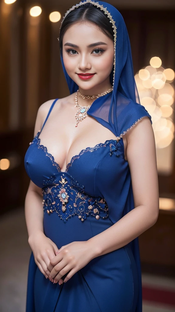 Beautiful, cute baby Face, ************ russian ****ta Girl, red lipstick, sensual Lipstick, dark red lipstick,blue eyes, (wearing hijab) and sexy kebaya dress, Rounded small Breast, cleavage cutout, slightly Chubby , luxury necklace, White Skin, Smiling, Dark City Background, mid shot, upper body, Perfect Potrait, Bokeh Effect, Look at Viewer, Armpit, Perfect Eye, Perfect Hand, Perfect Finger, Bracelet, Ring, small breast, ((adorable:1.2)), ((masterpiece:1.1)), ((bokeh:1.2)),