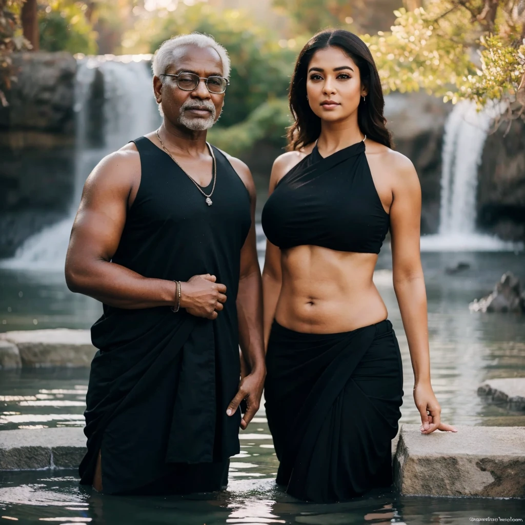 A Indian old man and girl in the water fall stone, standing pose, detailed,black Oldman, beautiful girl, couple pose, realistic, high quality, couples, romantic waist gripping pose, Indian actress,HD,1080, saree bikini ,romantic, black old man, beautiful picture, detailed, ultra HD, black old man,huge breasts, high quality,fat old man,Sexy girl, white girl with black old man, Looking at viewers, chubby,