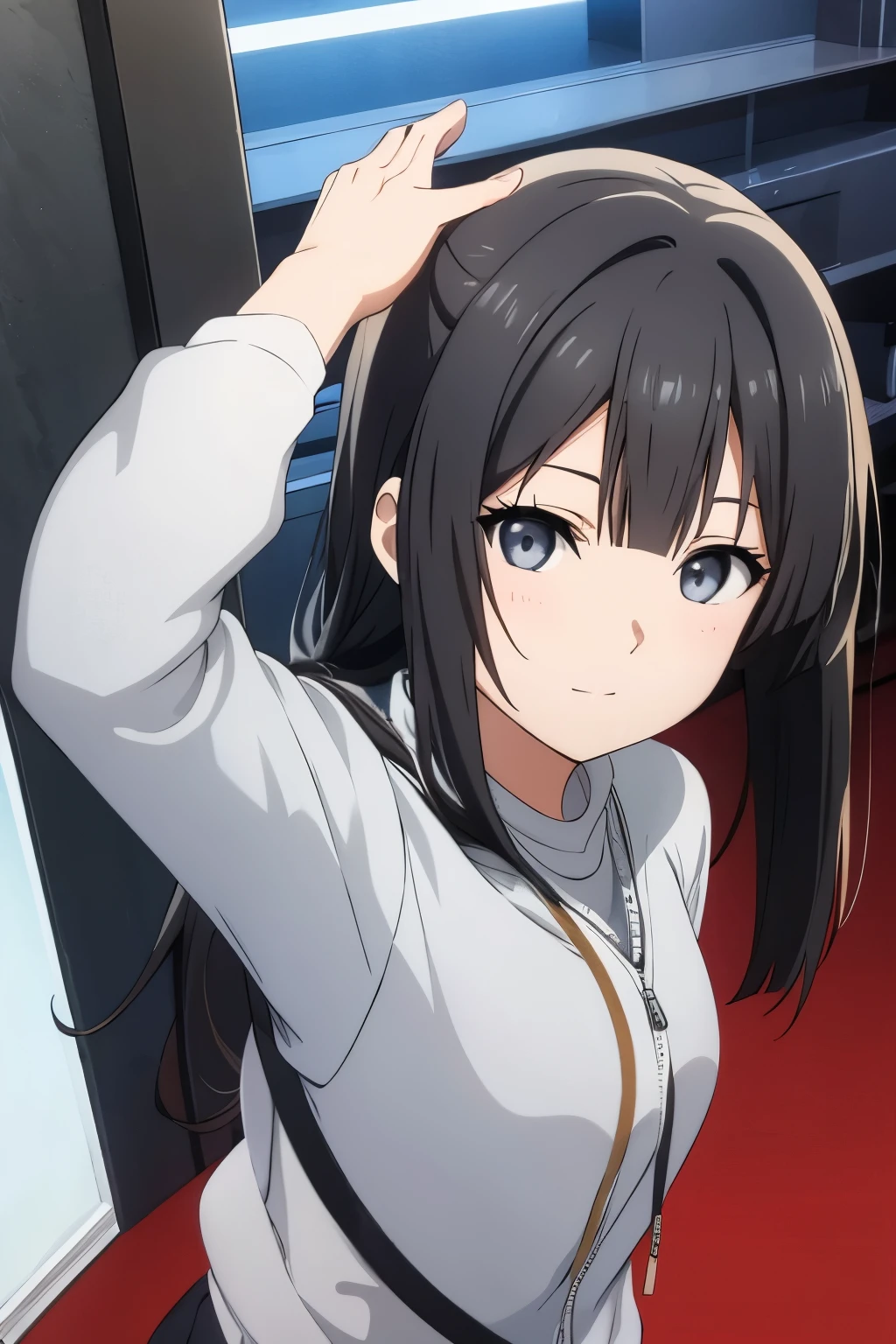 long black hair straight bangs, gray eyes normal clothes