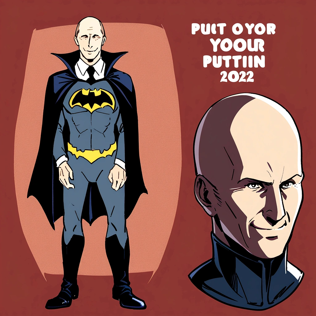 Varadimir Putin, 63 years old,2022, elder, bald, Hairless, smile, logic, Put on your Batman costume and remove your mask, (Full body image.) G