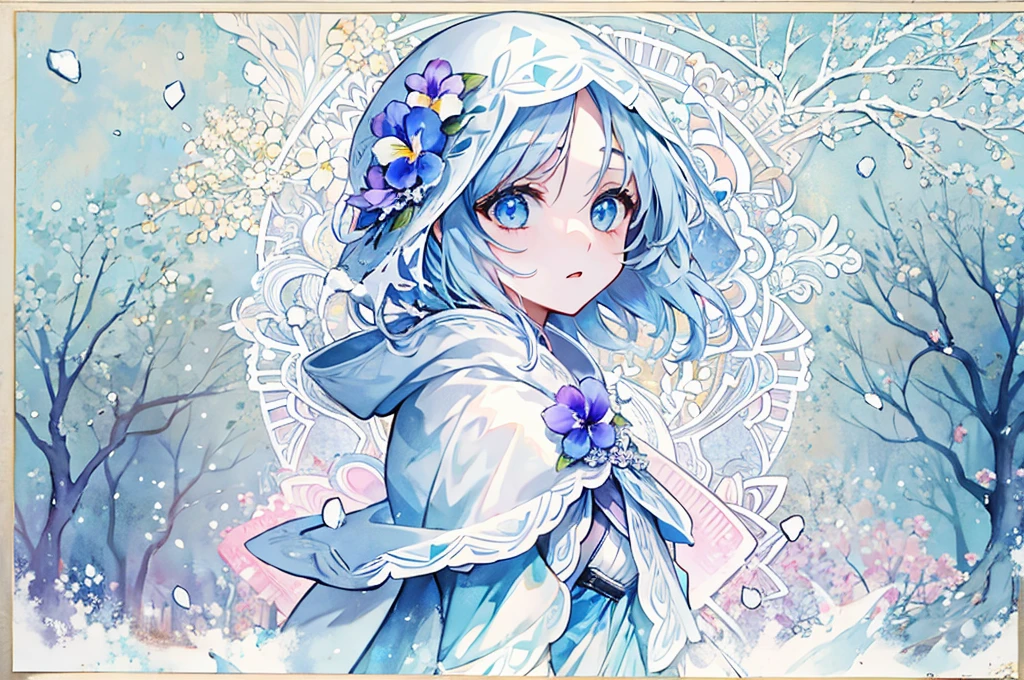 girl, looking far away, pansy,Blue eyes, big eyes,droopy eyes, With blue flower hair ornament ,coat ,Slender body, White long hair,snow,watercolor