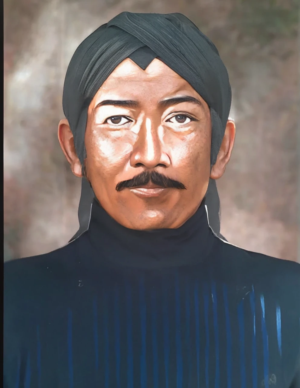 Indonesian Muslim man, aged 40 years or above, brown skin with wrinkles on the forehead, wearing Javanese ethnic clothing, thick mustache, slightly narrow eyes, realistic HD