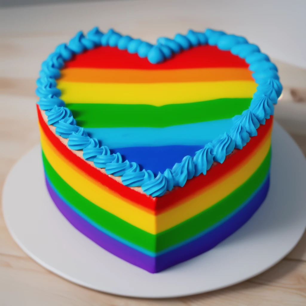 on a wooden table, worth a heart shaped cake, rainbow gradient cream cake, Cream cake , cream texture, Realistic style, realistic texture, bright lighting, high quality, detailed texture, Beautiful light from the window, beautiful lighting, high detail,  ultra 4k hd 
