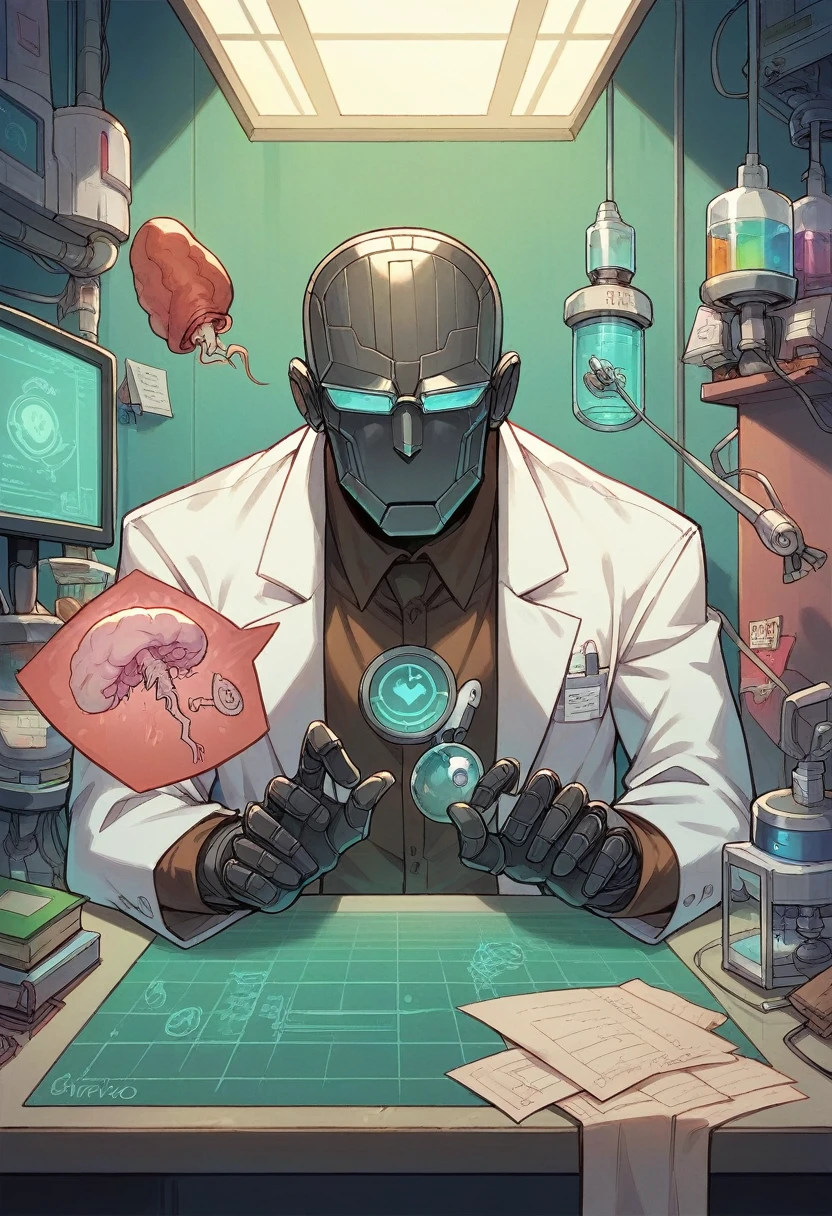 naughty man,morephi,cientist,wearing a labcoat,hand,robot,brain,connected,chip,featuring,Artificial intelligence,phi,laboratory,tecphilógico