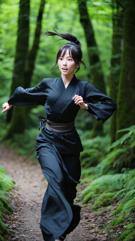 skinny Japanese woman in black Ninja kimono costume running to escape in the dark forest, beautiful face, ((detailed face, detailed eyes)), high quality, high resolution, hyperrealistic photo, a photo capturing a shocking moment, award-winning, masterpiece