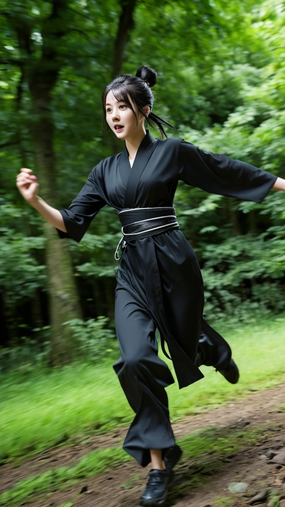 skinny Japanese woman in black Ninja kimono costume running to escape in the dark forest, beautiful face, ((detailed face, detailed eyes)), high quality, high resolution, hyperrealistic photo, a photo capturing a shocking moment, award-winning, masterpiece