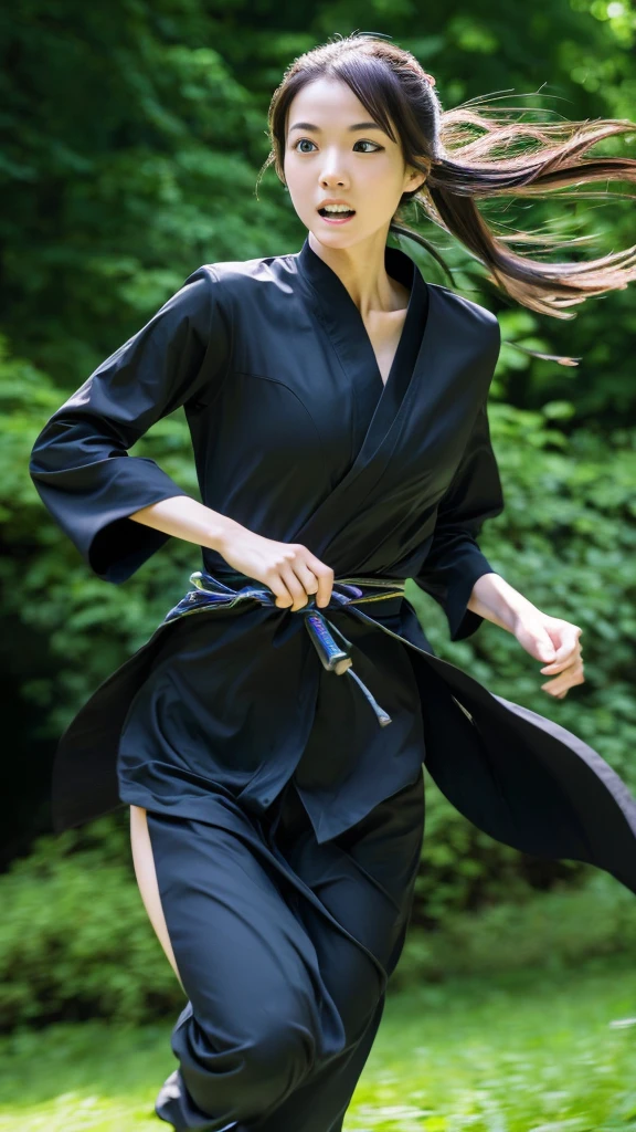 skinny Japanese woman in black Ninja kimono costume running to escape in the dark forest, beautiful face, ((detailed face, detailed eyes)), high quality, high resolution, hyperrealistic photo, a photo capturing a shocking moment, award-winning, masterpiece