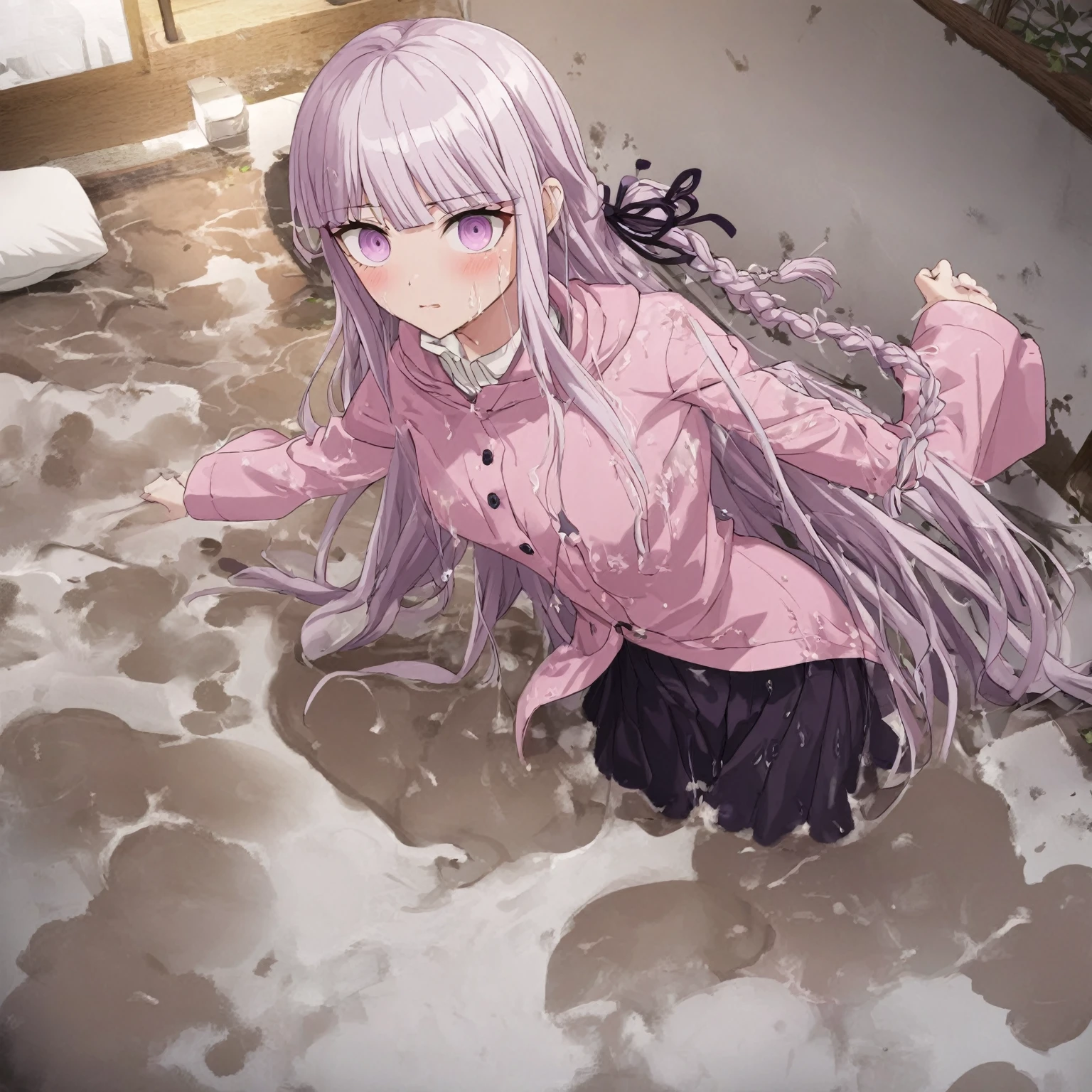 (masterpiece)), ((best quality)), (ultra-detailed), wallpaper, highest quality, ((an extremely delicate and beautiful)), 1girl, (illustration), (dynamic angle), cowboy shot, (((kyoko kirigiri))), long light purple hair, focus on eyes, (((shiny pink raincoat))), ((((((mud dripping on clothes)))))), ((((((mud splattered on clothes)))))), ((((((smearing mud on raincoat)))))), ((((((drenched in mud)))))), buttoned raincoat, detailed eyes, black pleated skirt, looking up at viewer, laying on bed, bedroom, white sheets, white pillows, embarrassed expression, blushing, shy, perfect anatomy, kyouko kirigiri, long hair, bangs, ribbon, purple eyes, hair ribbon, purple hair, braid, single braid, side braid