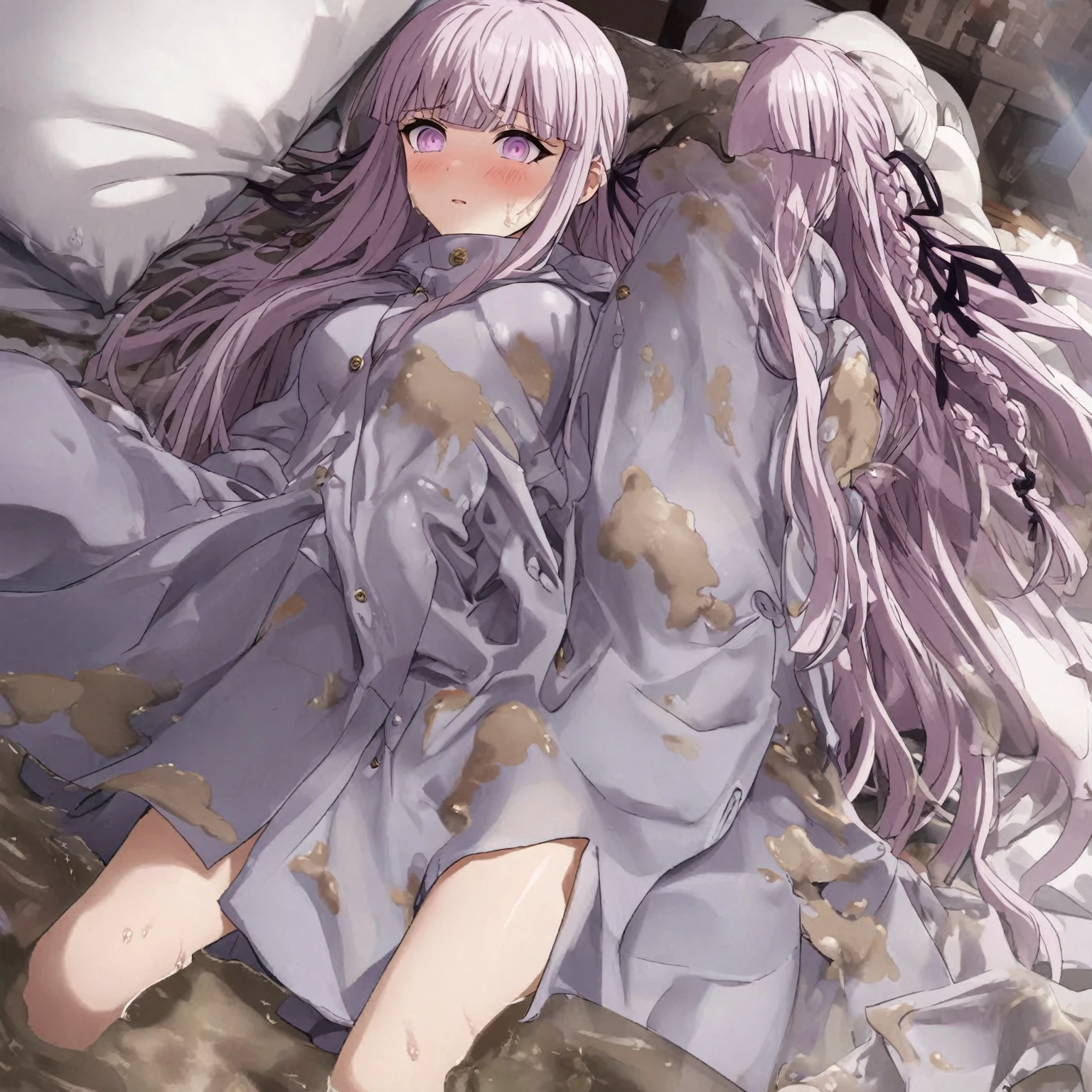 (masterpiece)), ((best quality)), (ultra-detailed), wallpaper, highest quality, ((an extremely delicate and beautiful)), 1girl, (illustration), (dynamic angle), cowboy shot, (((kyoko kirigiri))), long light purple hair, focus on eyes, (((shiny pink raincoat))), ((((((mud dripping on clothes)))))), ((((((mud splattered on clothes)))))), ((((((smearing mud on raincoat)))))), ((((((drenched in mud)))))), buttoned raincoat, detailed eyes, black pleated skirt, looking up at viewer, laying on bed, bedroom, white sheets, white pillows, embarrassed expression, blushing, shy, perfect anatomy, kyouko kirigiri, long hair, bangs, ribbon, purple eyes, hair ribbon, purple hair, braid, single braid, side braid