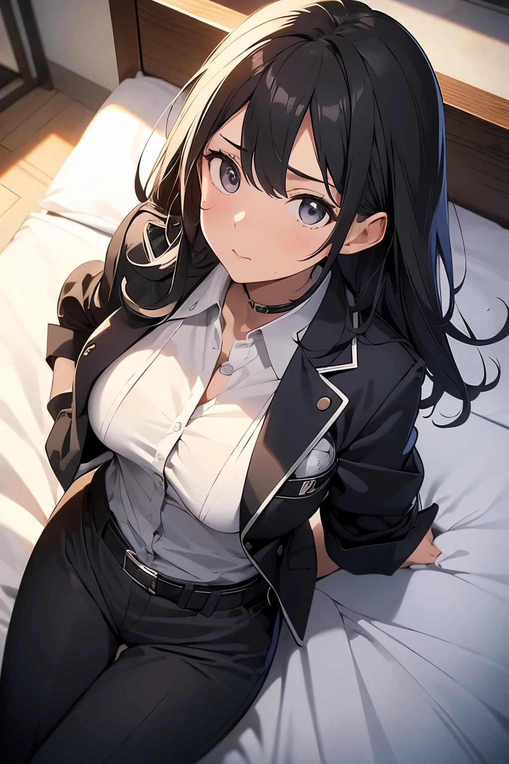 Spender Moderate breasts Small face holster Beautiful woman Lying in bed Looking up Sweat belt summer 脇Sweat Black Hole Gloves suit shirt Black jacket Black trousers Leg Links ズボンにbelt No bra