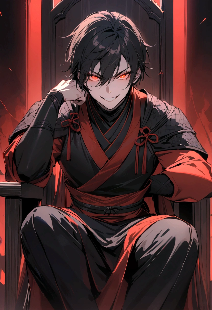 ((best quality)), ((masterpiece)), (detailed), 1man, sitting on a throne, sinister grin, ninja clothes, black short hair, glowing red eyes, dark cinematic lightning,