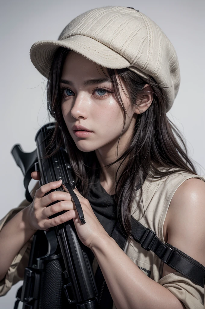 a complete male vagabond (full body) holding a Benelli M4 shotgun, against a completely white background, beautiful detailed eyes, beautiful detailed lips, extremely detailed eyes and face, long eyelashes, photorealistic, 8k, hyperrealistic, cinematic lighting, dramatic colors, intense contrast, poor