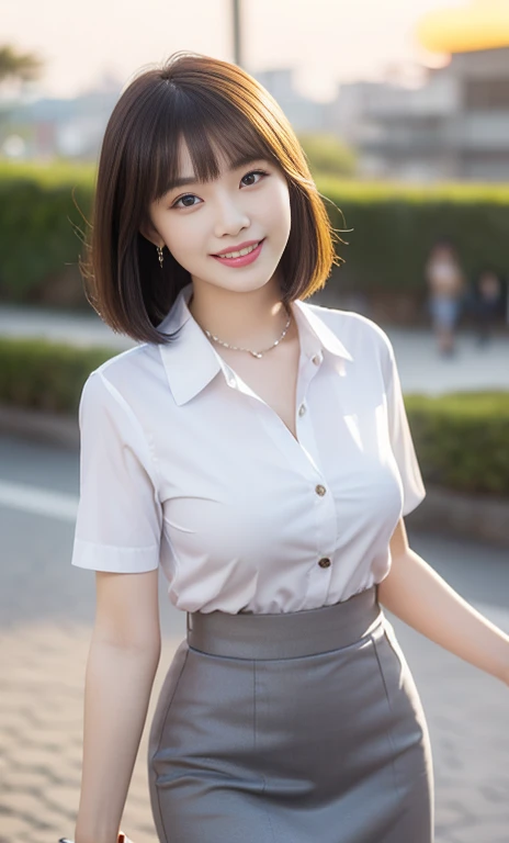 (A gorgeous Chinese office lady, age 22, wearing formal office attire, short-sleeve white shirt with collar and buttons, grey pencil skirt, walking in a sunset, friendly and kind expression, gentle smile, dimpled smile, cute snaggle-tooth, Korean Bob Haircut Side-Bangs-Sophistication, symmetrical face, beautiful detailed face, bright_and_full_of_warmth_eyes, detailed eyes, ample round bosom, photorealistic, hyper-realism, high contrast, ultra HD, realistic skin textures, top image quality, top-quality, super high resolution, fine details, very meticulously, masterpiece, head to knees, the Cowboy shot, romantic atmosphere, bokeh night background)