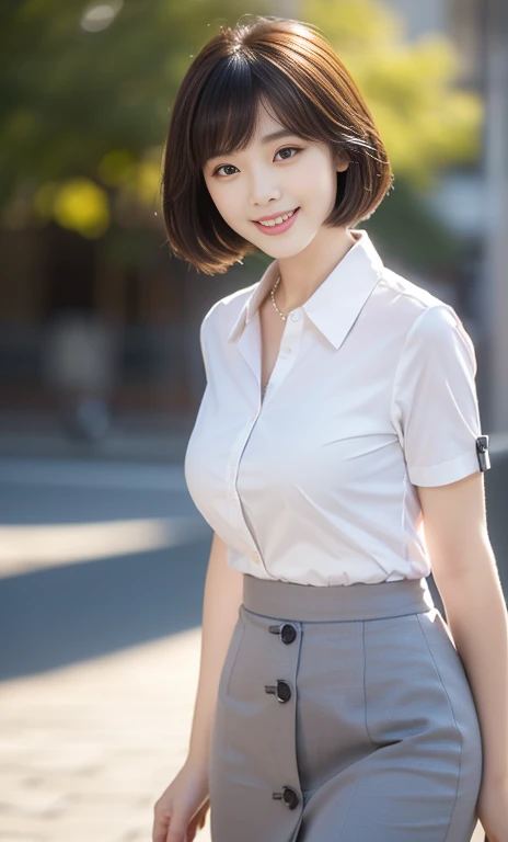 (A gorgeous Chinese office lady, 22, wearing formal office attire, short-sleeve white shirt with collar and buttons, grey pencil skirt, walking in a sunset, friendly and kind expression, gentle smile, dimpled smile, cute snaggle-tooth, Korean Bob Haircut Side-Bangs-Sophistication, symmetrical face, beautiful detailed face, bright_and_full_of_warmth_eyes, detailed eyes, ample round bosom, photorealistic, hyper-realism, high contrast, ultra HD, realistic skin textures, top image quality, top-quality, super high resolution, fine details, very meticulously, masterpiece, head to knees, the Cowboy shot, romantic atmosphere, bokeh night background)