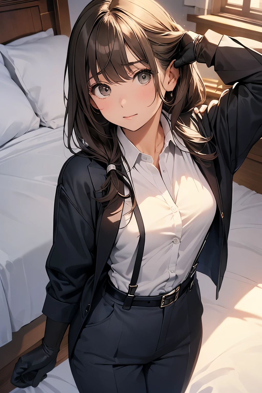 suspenders　　　Moderate breasts　 　 　　　　Small face　 　　　holster　　　Beautiful woman　　　　 Lying in bed　Looking up　　　　Sweat 　　　belt　summer　脇Sweat 　Black Hole Gloves　suit　shirt　　Black jacket　 Black trousers　Leg Links　ズボンにbelt