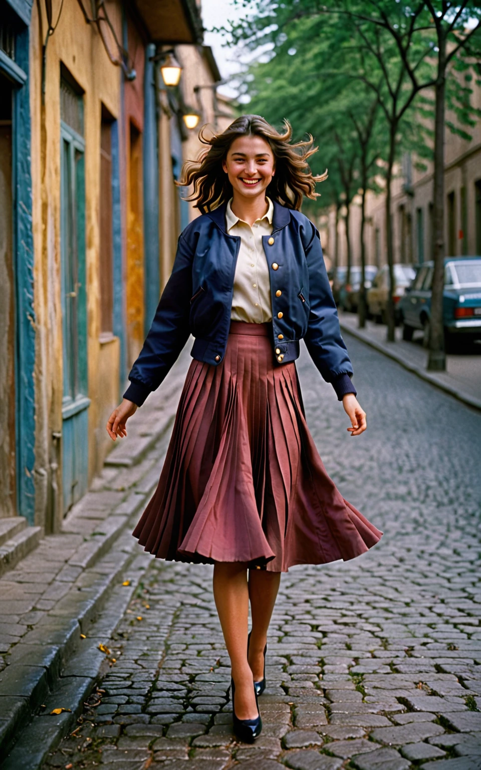 A smiling, authentic, (shy:1,3), kind, beautiful woman, is passionately in love with her skirt, wind wildly lifts her skirt, wearing uniform jacket and very, very detailed (long (fully pleated) full circle skirt) and (low heeled court shoes), very, very intricate hyper-detailed symmetric (attractive graceful young feminine face) with (sad, tired eyes and a loving smile), very voluptuous breasts, full of empathy and compassion and love, (pronounced (feminine) features), (highly detailed ultra accurate realistic) hands and fingers, (windy), epic composition, highly detailed attributes, (35mm f1.4 Kodak portra 400 photograph), extremely high quality RAW photograph, highly detailed atmosphere, sci-fi, cinematic shot, dynamic lighting, 75mm, Technicolor, Panavision, cinemascope, sharp focus, fine details, 8k, HDR, realism, realistic, key visual, film still, superb cinematic color grading, depth of field