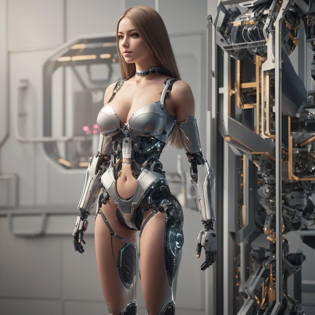 , cyborg Girl, full body picture,thin micro bikini, robot implant arms, robot implant legs, circuit implants in belly,,beautyful face, beautyful body, perfect anatomy, long haired,sharp picture, high quality, ultrarealistic, 3D, bigital illustration, CGI,