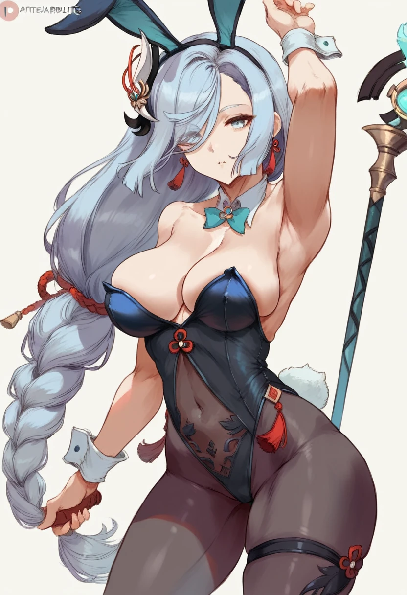 Cutesexyrobutts style, 1girl, shenhe_(genshin_impact), breasts, pantyhose, solo, animal_ears, playboy_bunny, long_hair, rabbit_ears, cleavage, braid, large_breasts, blue_eyes, leotard, looking_at_viewer, fake_animal_ears, hair_over_one_eye, tassel, detached_collar, thighband_pantyhose, wrist_cuffs, black_leotard, jewelry, highleg, bare_shoulders, eyes_visible_through_hair, white_background, earrings, armpits, tassel_earrings, highleg_leotard, very_long_hair, braided_ponytail, simple_background, arm_up, twitter_username, thighs, cowboy_shot, grey_hair, brown_pantyhose, bangs, holding, weapon, hair_ornament, alternate_costume, closed_mouth, black_pantyhose, strapless, polearm