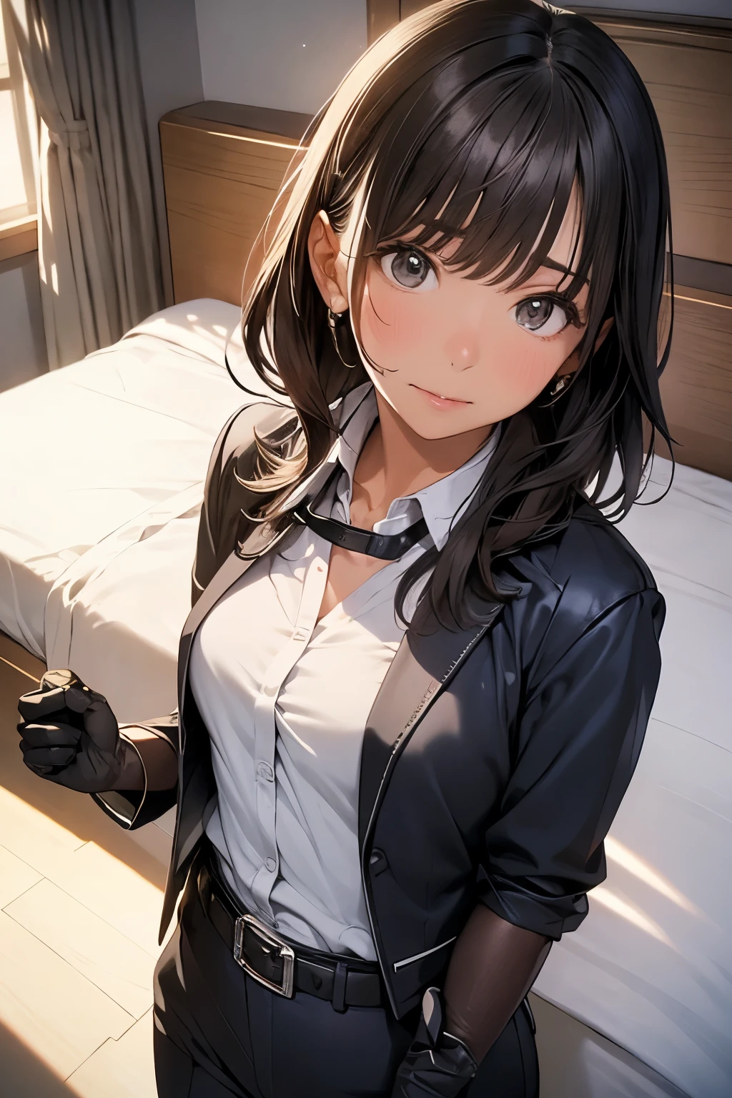 suspenders Moderate breasts Small face holster Beautiful woman Lying in bed Looking up Sweat belt summer 脇Sweat Black Hole Gloves suit shirt Black jacket Black trousers Leg Links ズボンにbelt