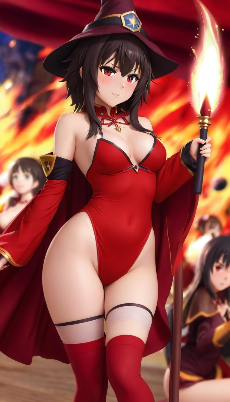 One girl,Megumin_(KonoSuba),、Cleavage、Bandaged_foot,casting_spell,dress,full_body,hin,Holding_staff,Looking_in_Audience,magic,Open_mouth,red_Cape,detailed,skin,texture,detailed skin texture,Volumetric,Shadow,red_dress,red_eye,short_dress,short_hair,一人in,staff,Thighs,witch_hin,absolute_ryouiki,