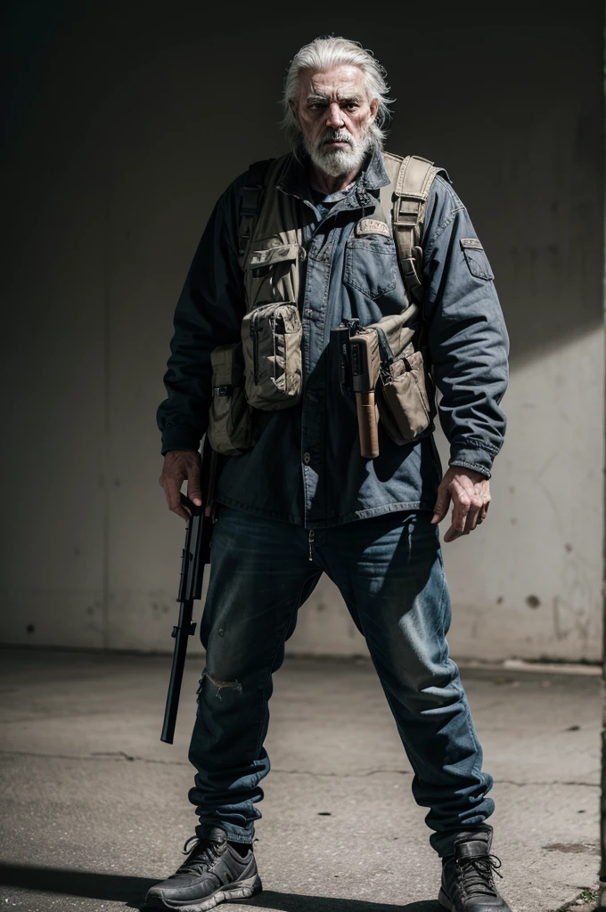 a poor homeless man, full body portrait, standing, holding a banelli m4 shotgun, white background, realistic, cinematic lighting, award winning photograph, 8k, photorealistic, high definition, intricate details, chiaroscuro, dramatic pose, powerful expression, worn clothing, weathered face, callused hands, rugged features, compelling narrative, gritty realism, moody atmosphere, masterpiece