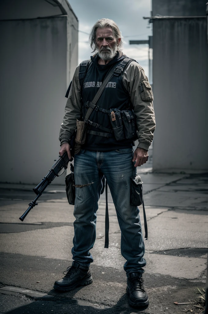 a poor homeless man, full body portrait, standing, holding a banelli m4 shotgun, white background, realistic, cinematic lighting, award winning photograph, 8k, photorealistic, high definition, intricate details, chiaroscuro, dramatic pose, powerful expression, worn clothing, weathered face, callused hands, rugged features, compelling narrative, gritty realism, moody atmosphere, masterpiece