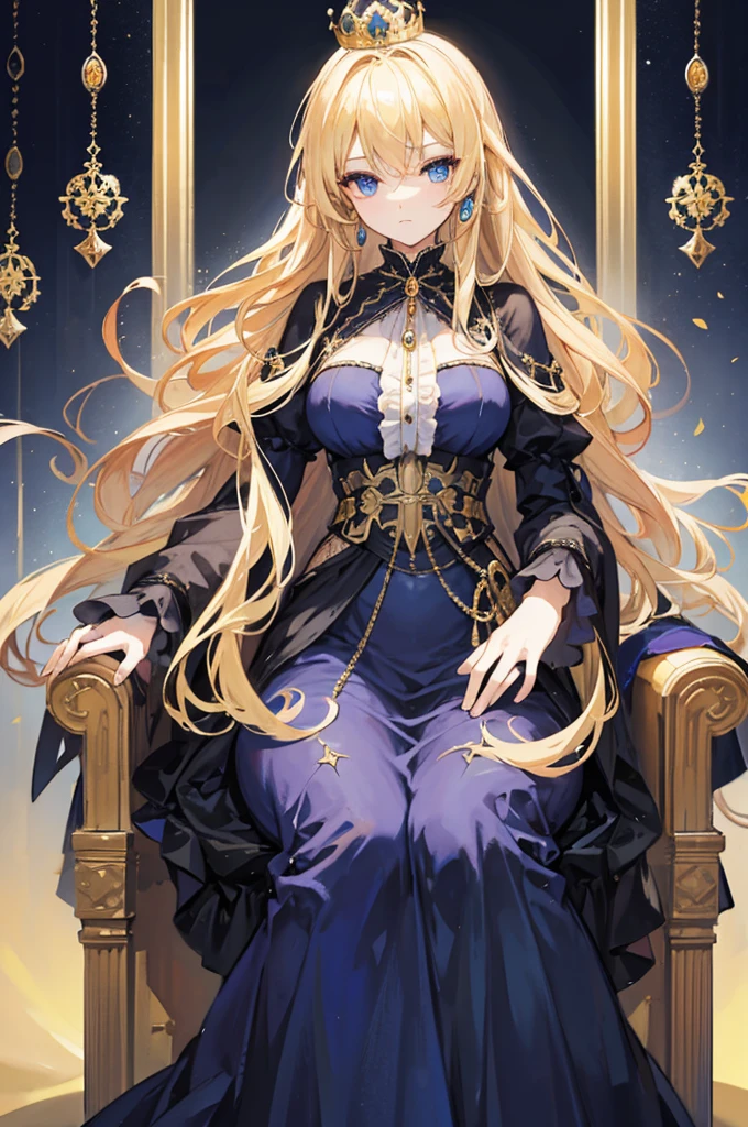 1 woman, long blond hair, blue eyes, jewelry, crown, long dress, victorian era style, it on throne, golden colors, black dress