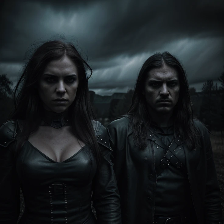 a girl and a man, dark atmospheric doom metal album cover, moody dramatic lighting, stormy sky, dramatic pose, intense gaze, black outfit, metal spikes, mist, dark trees, photorealistic,  (best quality,8k,highres,masterpiece:1.2),ultra-detailed,(realistic,photorealistic,photo-realistic:1.37),dramatic lighting,dramatic colors,dramatic contrast,cinematic,epic