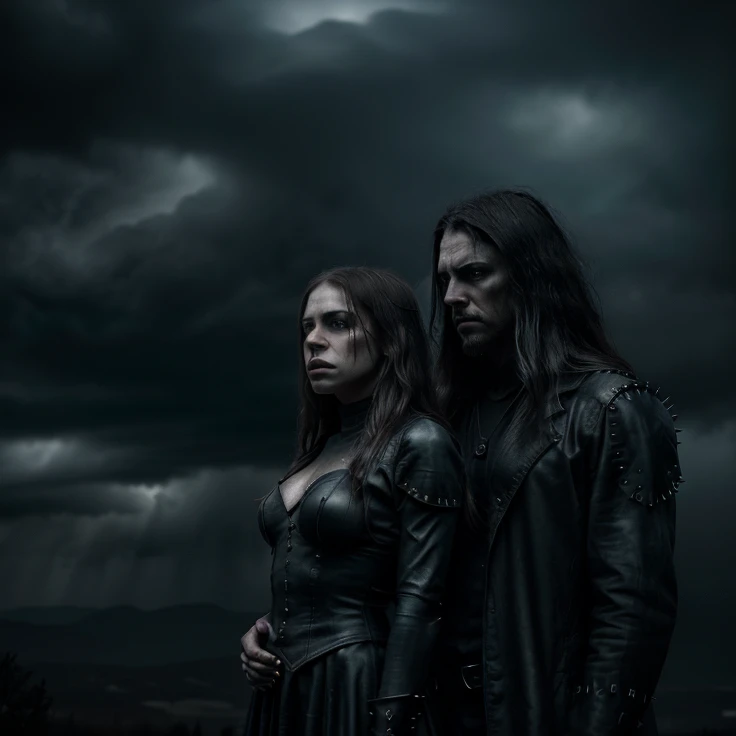 a girl and a man, dark atmospheric doom metal album cover, moody dramatic lighting, stormy sky, dramatic pose, intense gaze, black outfit, metal spikes, mist, dark trees, photorealistic,  (best quality,8k,highres,masterpiece:1.2),ultra-detailed,(realistic,photorealistic,photo-realistic:1.37),dramatic lighting,dramatic colors,dramatic contrast,cinematic,epic