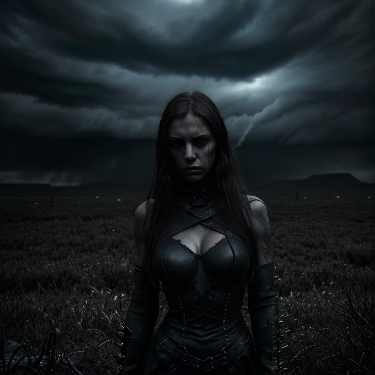 a girl and a man, dark atmospheric doom metal album cover, moody dramatic lighting, stormy sky, dramatic pose, intense gaze, black outfit, metal spikes, mist, dark trees, photorealistic,  (best quality,8k,highres,masterpiece:1.2),ultra-detailed,(realistic,photorealistic,photo-realistic:1.37),dramatic lighting,dramatic colors,dramatic contrast,cinematic,epic