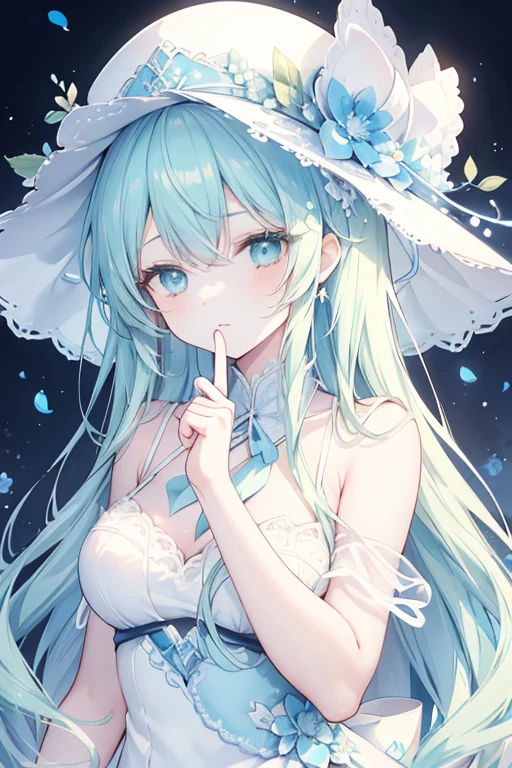 A beautiful anime girl with long hair wearing an elegant hat, flowers, making the silence gesture with one finger to her lips, surrounded by blue and white floral patterns, wearing lace in a light cyan style with light green and light yellow tones, soft lighting, and delicate lines. --ar 3:4 --niji 6