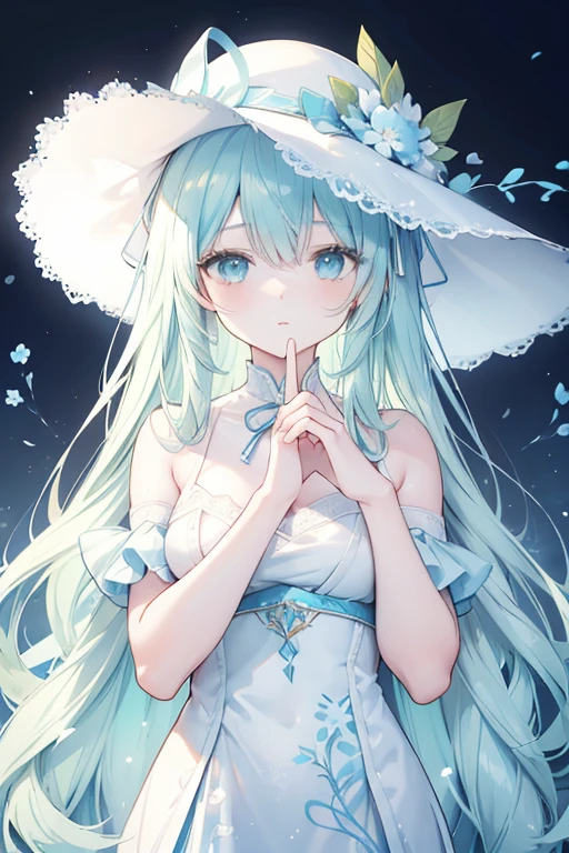 A beautiful anime girl with long hair wearing an elegant hat, flowers, making the silence gesture with one finger to her lips, surrounded by blue and white floral patterns, wearing lace in a light cyan style with light green and light yellow tones, soft lighting, and delicate lines. --ar 3:4 --niji 6