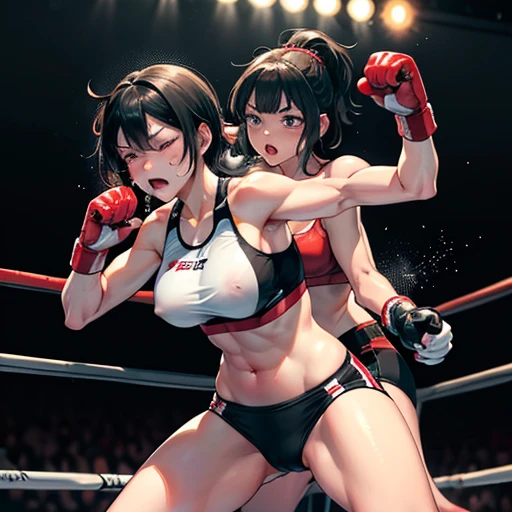 Very intense battle。Murderous intent。Boxing in the ring。Dynamic punch exchange。Two young and cute Japanese female heavyweight idol boxers in a daze。Rivals。Serious competition。can not lose。Sweating a lot。One eye closed, out of breath。Drooling。Short black hair。Boxing gloves。Sports Bra。High leg panties。Erect nipples。