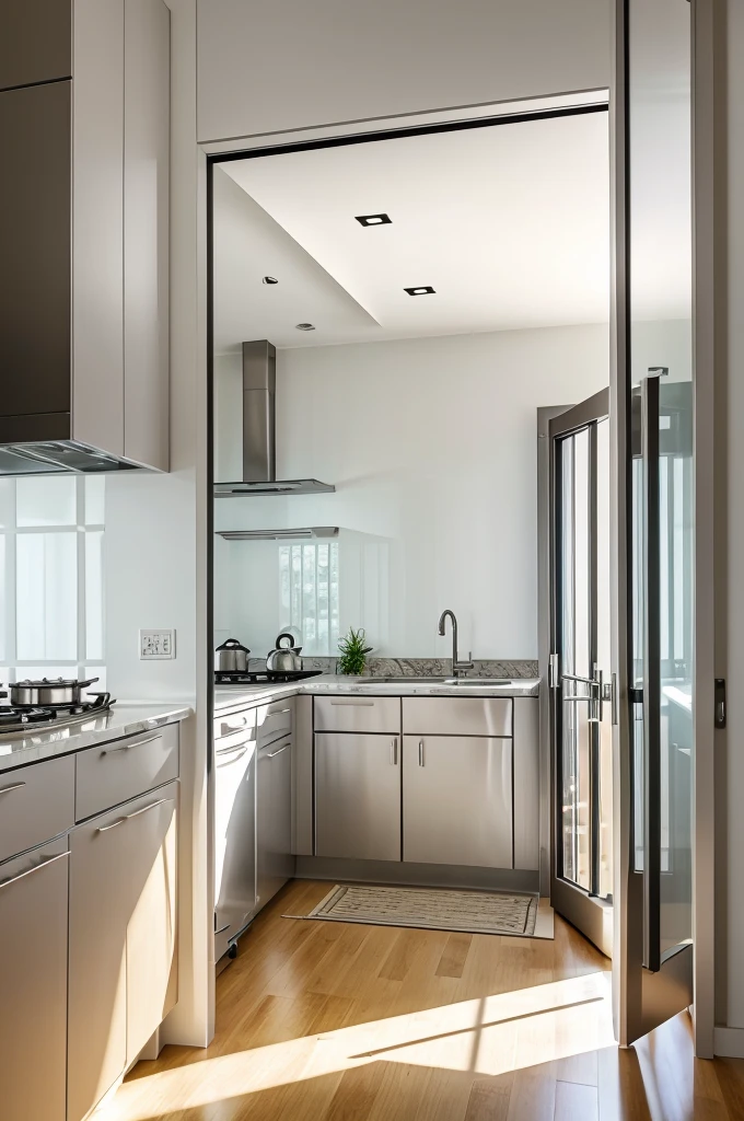 Generate kitchen design with home enterance and window is on main gate side  direction 