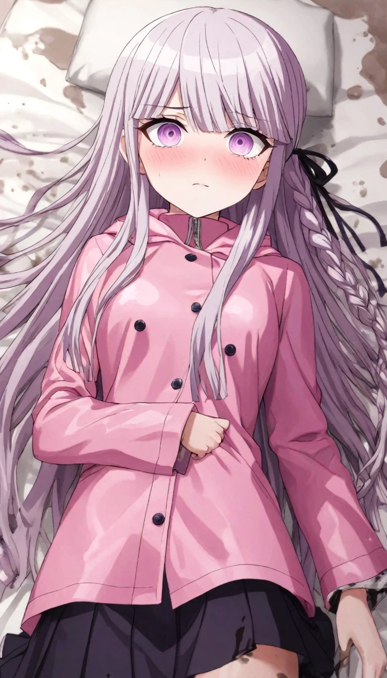 a beautiful girl with long light purple hair wearing a shiny pink raincoat, laying on a bed with white sheets and pillows, looking up at the viewer with an embarrassed and shy expression, her clothes are dripping and splattered with mud, detailed eyes, black pleated skirt, perfect anatomy, kyouko kirigiri, long hair with bangs, ribbon, purple eyes, single braid