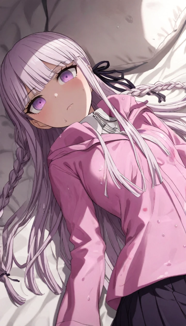 a beautiful girl with long light purple hair wearing a shiny pink raincoat, laying on a bed with white sheets and pillows, looking up at the viewer with an embarrassed and shy expression, her clothes are dripping and splattered with mud, detailed eyes, black pleated skirt, perfect anatomy, kyouko kirigiri, long hair with bangs, ribbon, purple eyes, single braid