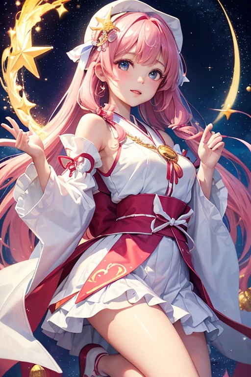 Highest quality、Highest quality、Masterpiece、woman1people、Shiny white shrine maiden outfit、Golden embroidery、Frilled mini skirt shrine maiden outfit、Perfect body line、Adorable poses、Realistic、Glowing Skin、Groomed eyebrows、Pink Lips、Pink Hair、Blue Eyes、Twin tails、delicate、Shiny Hair、detailed、Skirt in the wind、Pink band、Light purple frills、The background is the starry sky, sea and waves、Fantasy