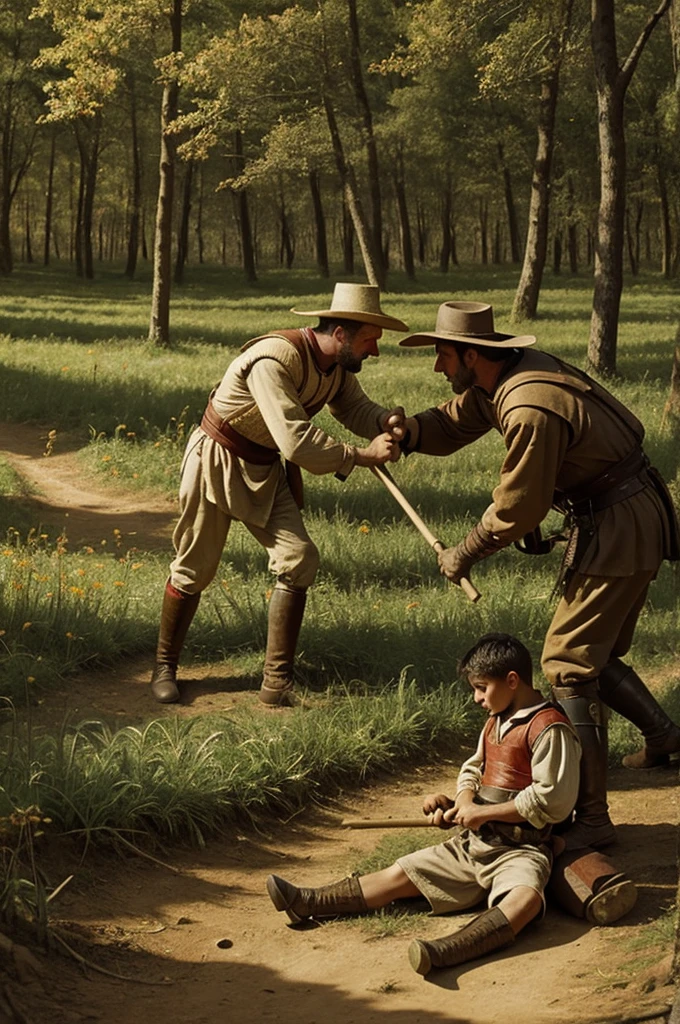 Make me an image of a farmer beating a young boy in a forest in the book Don Quixote de la Mancha