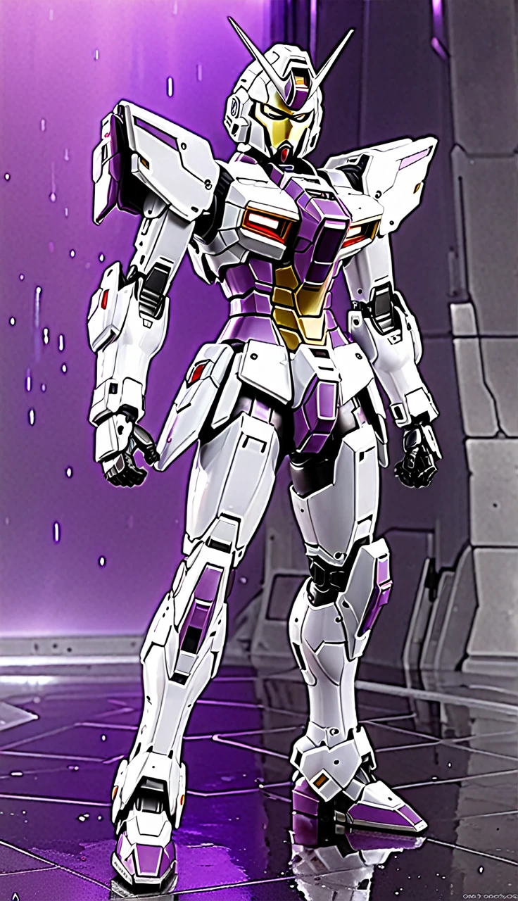 (Highest quality、8K、32k、masterpiece、Ultra-high resolution:1.2、Perfect Body Beauty:1.2、Wearing the Armor Gundam, a futuristic hero suit with a pale purple and white glow:1.5、rain、street、Cute 25 year old Japan woman、Simple Background、Looking at the audience、Dynamic pose:1.5, whole body