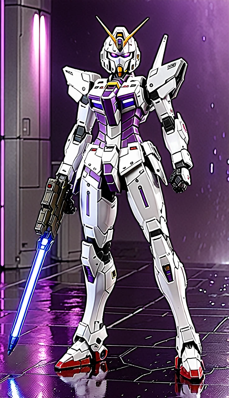(Highest quality、8K、32k、masterpiece、Ultra-high resolution:1.2、Perfect Body Beauty:1.2、Wearing the Armor Gundam, a futuristic hero suit with a pale purple and white glow:1.5、rain、street、Cute 25 year old Japan woman、Simple Background、Looking at the audience、Dynamic pose:1.5, whole body