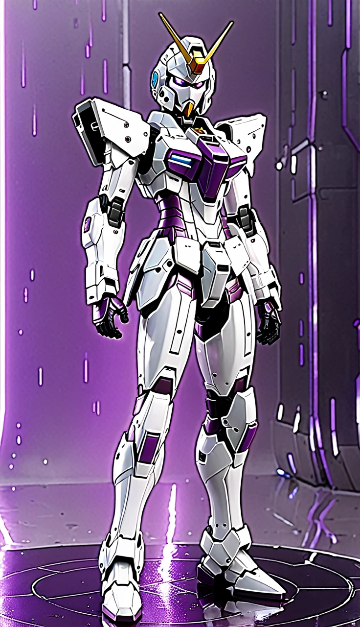 (Highest quality、8K、32k、masterpiece、Ultra-high resolution:1.2、Perfect Body Beauty:1.2、Wearing the Armor Gundam, a futuristic hero suit with a pale purple and white glow:1.5、rain、street、Cute 25 year old Japan woman、Simple Background、Looking at the audience、Dynamic pose:1.5, whole body